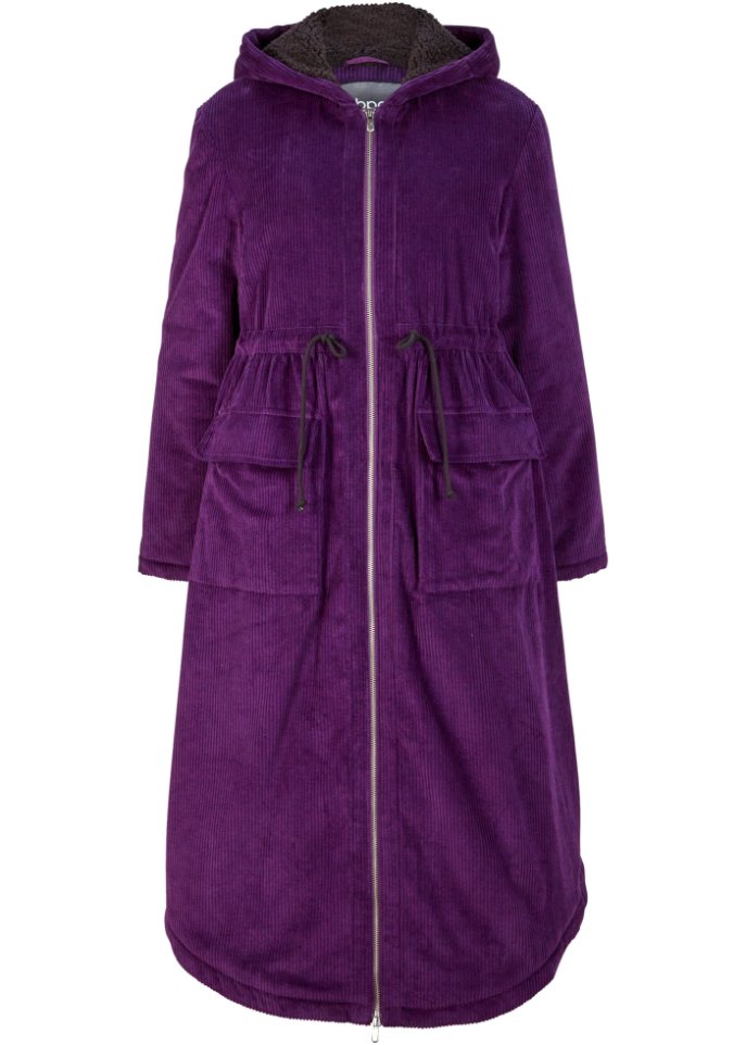 Weit geschnittener Cord-Mantel mit Teddy-Fleece Kapuze, Tunnelzug und  großen Taschen in lila von vorne - bpc bonprix collection