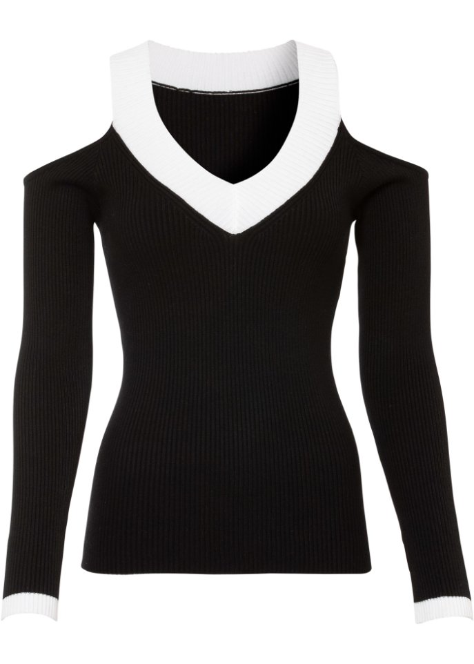 Strickshirt mit Cold-Shoulder in schwarz von vorne - BODYFLIRT boutique