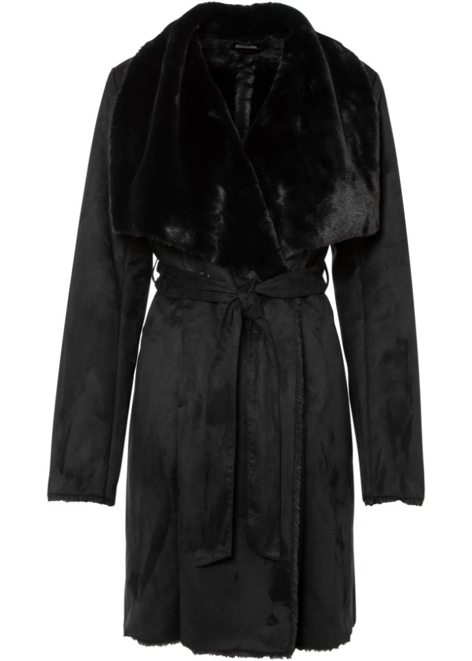 Lammfellimitat-Mantel in schwarz von vorne - BODYFLIRT