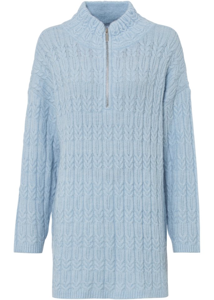 Langer Pullover mit Zopfmuster in blau von vorne - RAINBOW