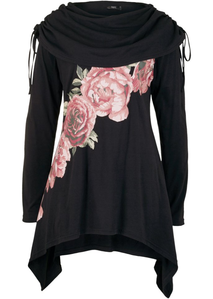 Shirt mit Zipfelsaum und Rosendruck in schwarz von vorne - bpc bonprix collection