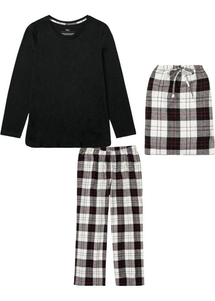Pyjama mit Flanellhose und Geschenktasche in schwarz von vorne - bpc bonprix collection