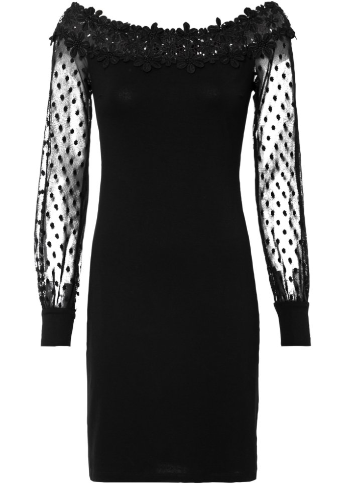 Off-Shoulder-Kleid mit Mesh-Armen in schwarz von vorne - BODYFLIRT boutique