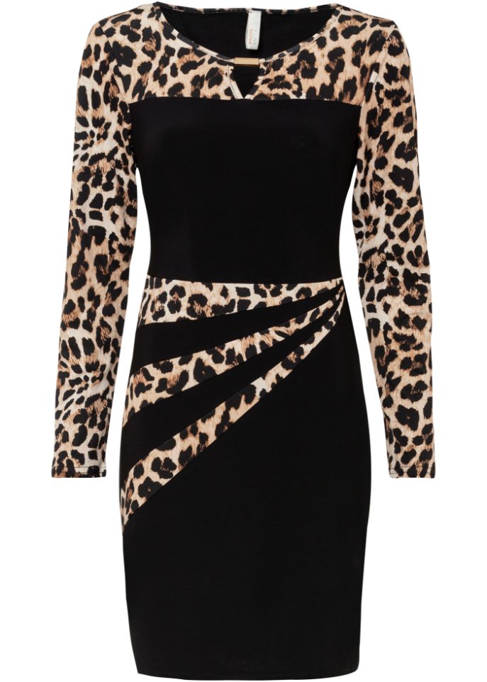 Jerseykleid mit Leoprint Details  in schwarz von vorne - BODYFLIRT boutique
