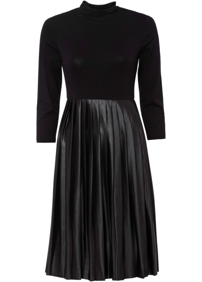 Jerseykleid mit Materialmix in schwarz von vorne - BODYFLIRT