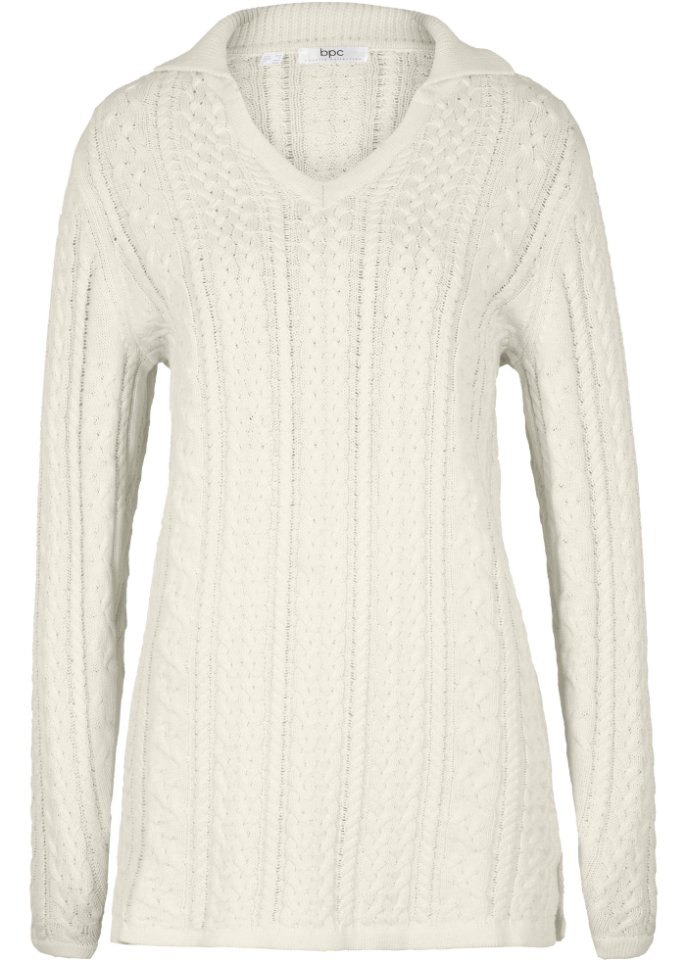 Weiter Baumwoll-Pullover mit Polokragen in weiß von vorne - bpc bonprix collection