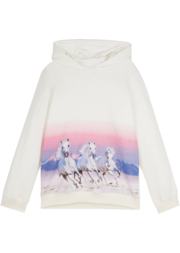 Mädchen Kapuzen-Sweatshirt mit Pferdemotiv in weiß von vorne - bpc bonprix collection