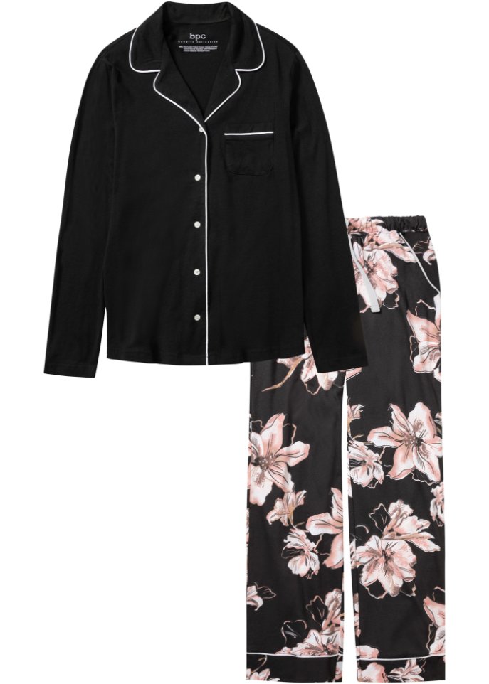 Pyjama mit Knopfleiste  in schwarz von vorne - bpc bonprix collection