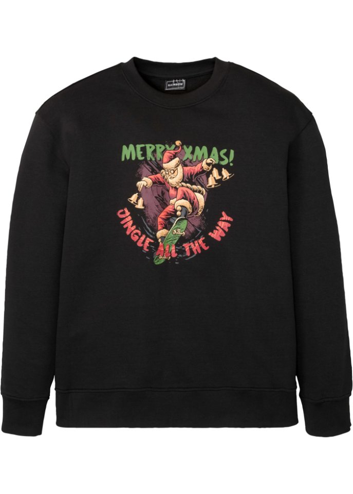Sweatshirt mit Weihnachtsmotiv und recyceltem Polyester, Loose Fit in schwarz von vorne - RAINBOW