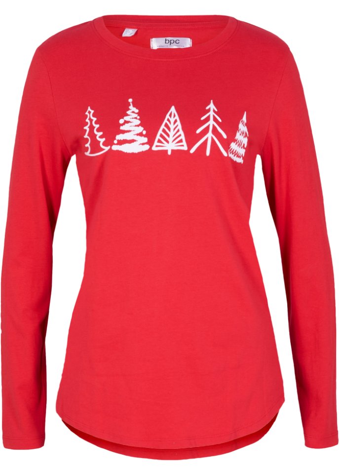 Baumwoll Langarm-Shirt mit Weihnachtsmotiv in rot von vorne - bpc bonprix collection