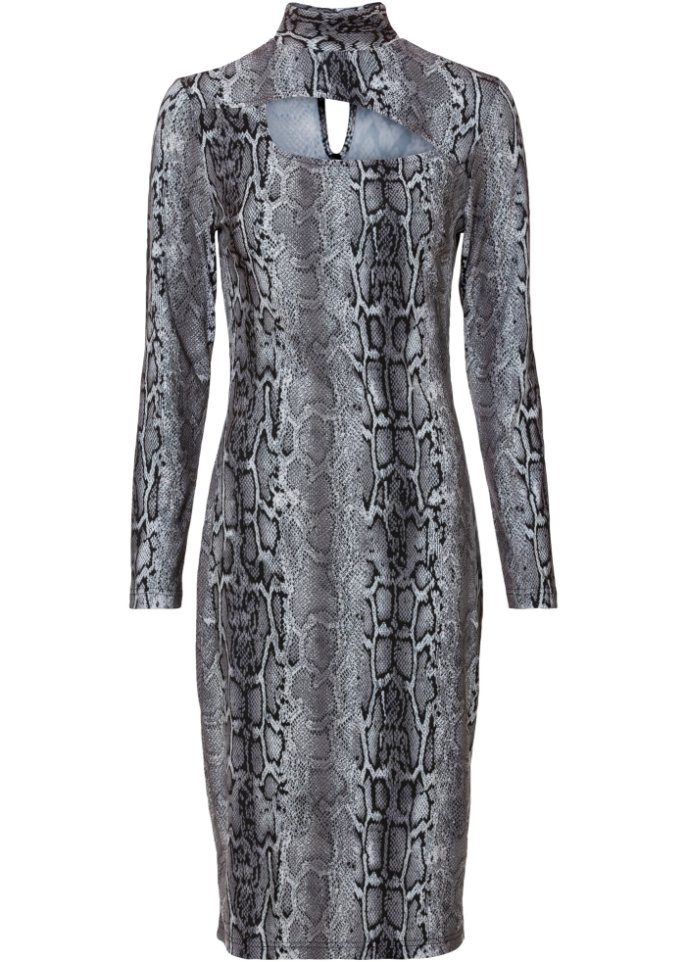 Kleid mit Schlangenprint und Cut-Out in grau von vorne - BODYFLIRT boutique