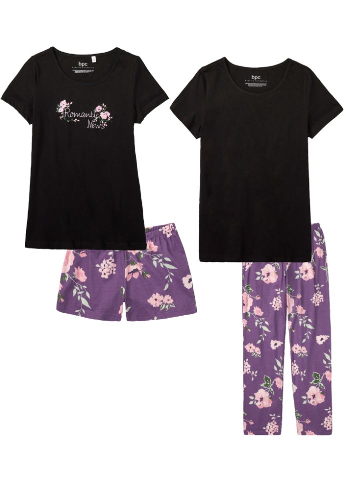 Pyjama und Shorty (4-tlg.Set) in schwarz von vorne - bpc bonprix collection