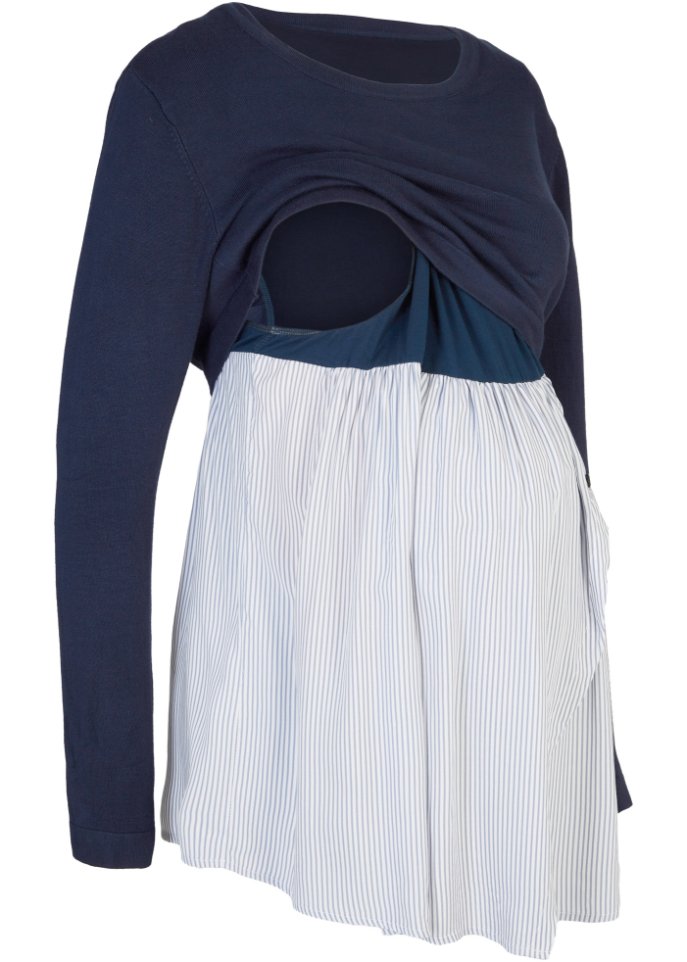 2 in 1 Umstands-Pullover mit Bluseneinsatz in blau von vorne - bpc bonprix collection