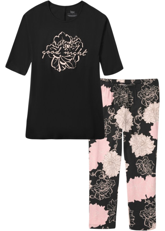 Capri Pyjama mit Leggings in schwarz von vorne - bpc bonprix collection