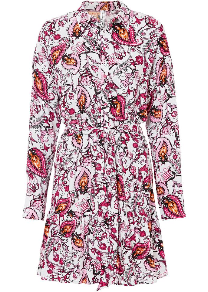 Hemdblusenkleid mit Volant und Bindeband in pink von vorne - RAINBOW
