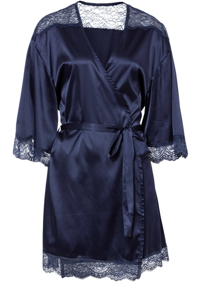 Satin Kimono mit Spitze in blau von vorne - BODYFLIRT