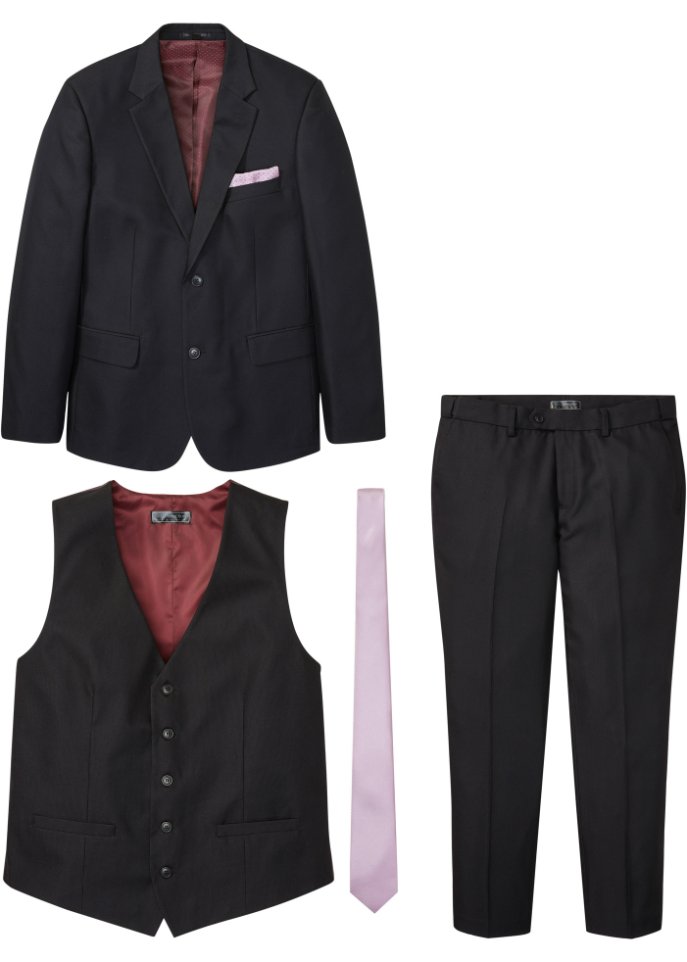 Anzug Slim Fit (4-tlg.Set): Sakko, Hose, Weste, Krawatte in schwarz von vorne - bpc selection