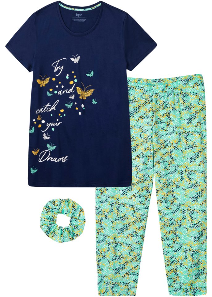 Capri Pyjama mit Haargummi in blau von vorne - bpc bonprix collection
