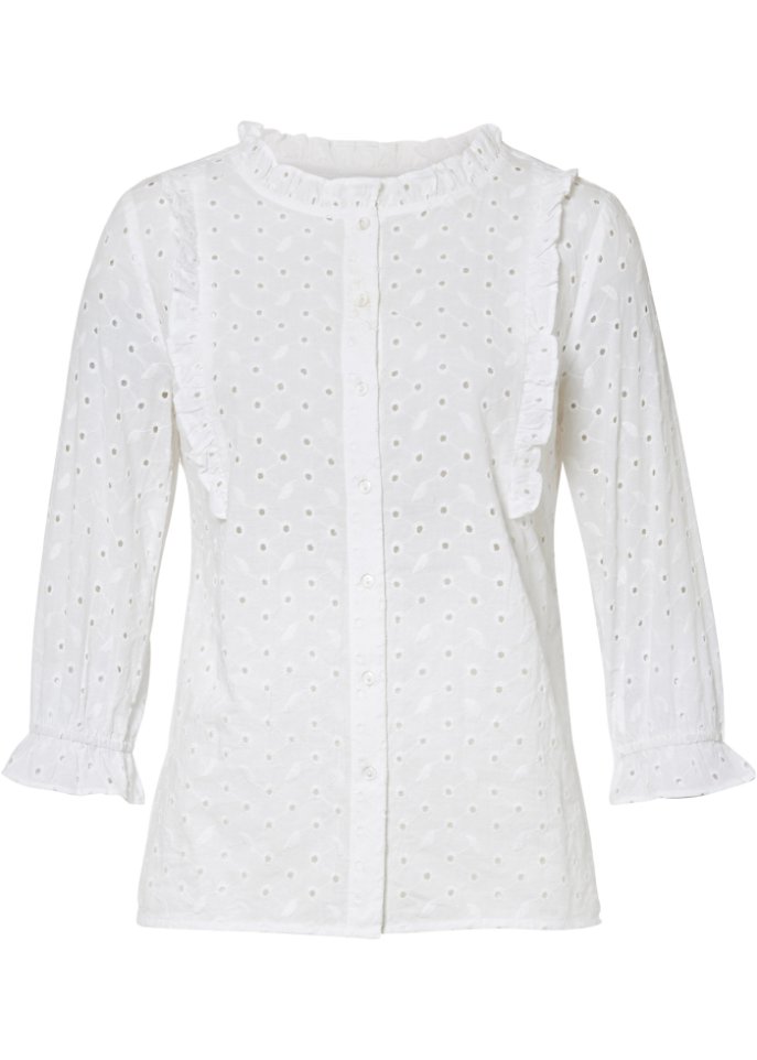 Lochstickerei-Bluse mit Volants in weiß von vorne - BODYFLIRT