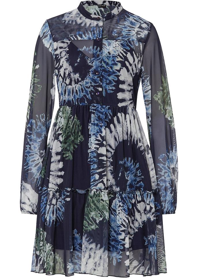 bedrucktes Mesh-Tunika-Kleid in blau von vorne - BODYFLIRT