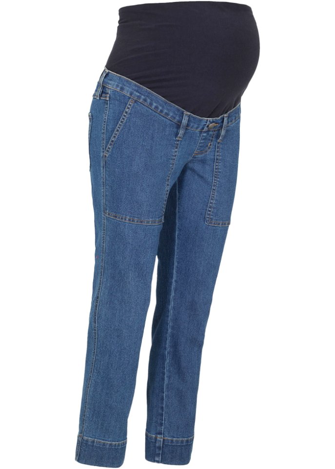 Verkürzte Umstands-Stretch-Jeans, Straight in blau von vorne - bpc bonprix collection
