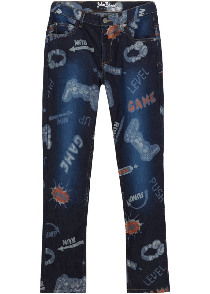 Jungen Jeans mit Gaming Druck, Tapered Fit in blau von vorne - John Baner JEANSWEAR