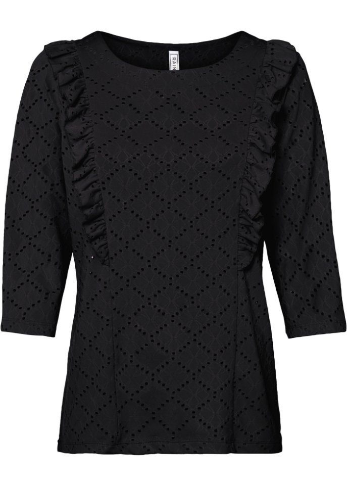 Jaquard-Shirt mit Spitze in schwarz von vorne - RAINBOW