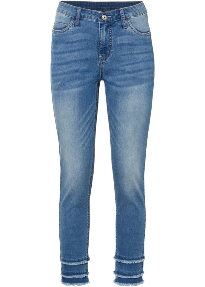 Skinny-Jeans mit Fransen-Detail in blau von vorne - BODYFLIRT