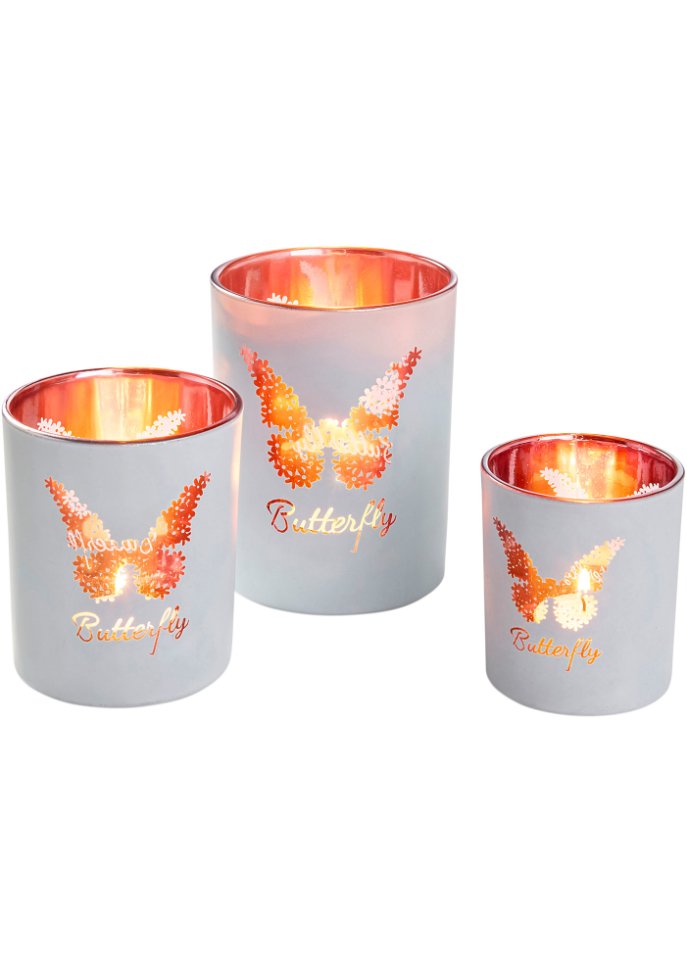 Teelichthalter mit Schmetterling-Motiv (3-tlg.Set) in grau - bpc living bonprix collection