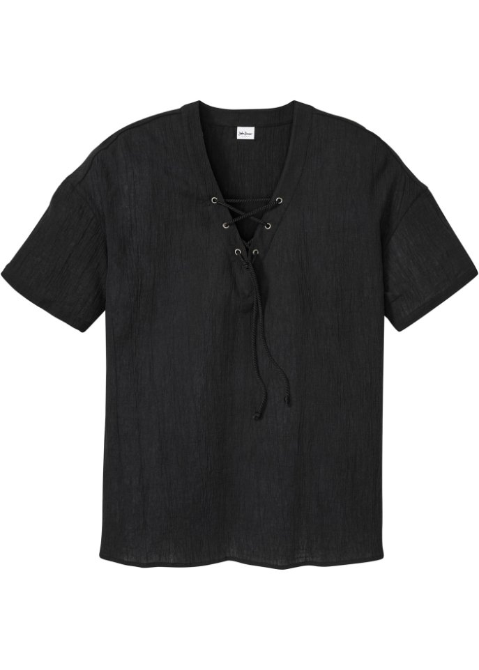 Schlupf-Kurzarmhemd mit Schnürung in schwarz von vorne - John Baner JEANSWEAR