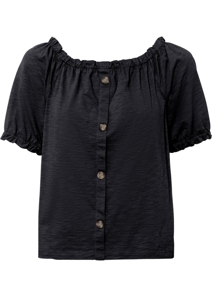 Shirt mit elastischem Ausschnitt in schwarz von vorne - BODYFLIRT