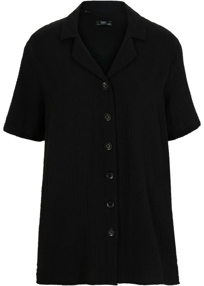 Langes Musselin-Hemd mit Knopfleiste, kurzarm  in schwarz von vorne - bpc bonprix collection