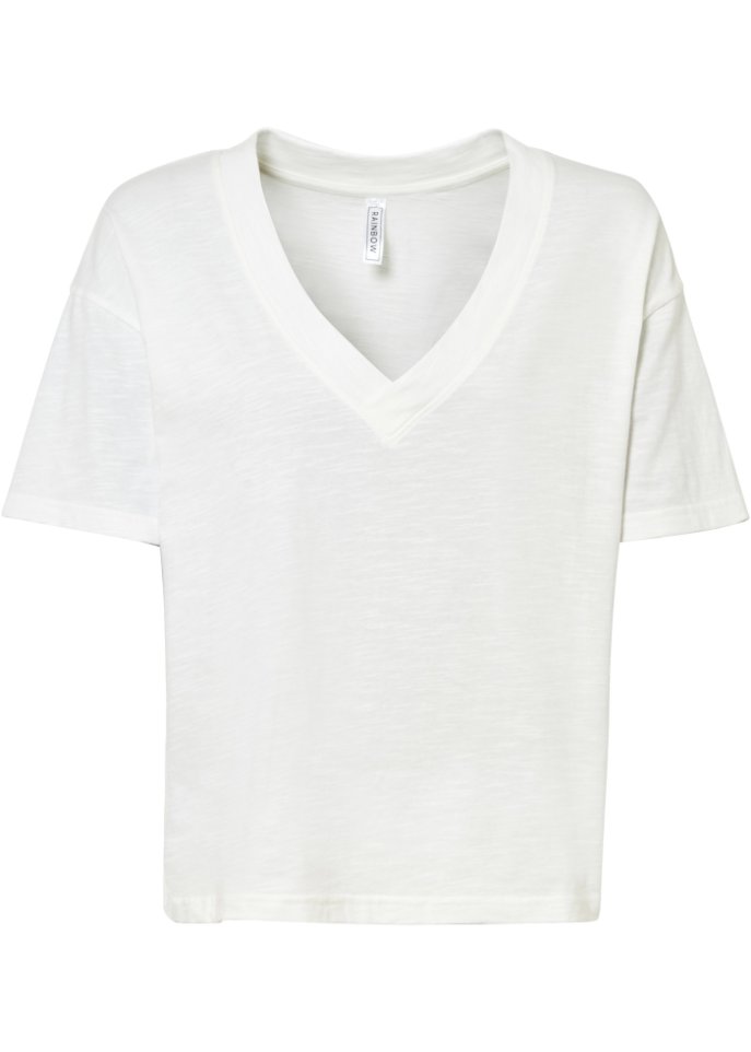 Shirt mit tiefem V-Ausschnitt in weiß von vorne - RAINBOW