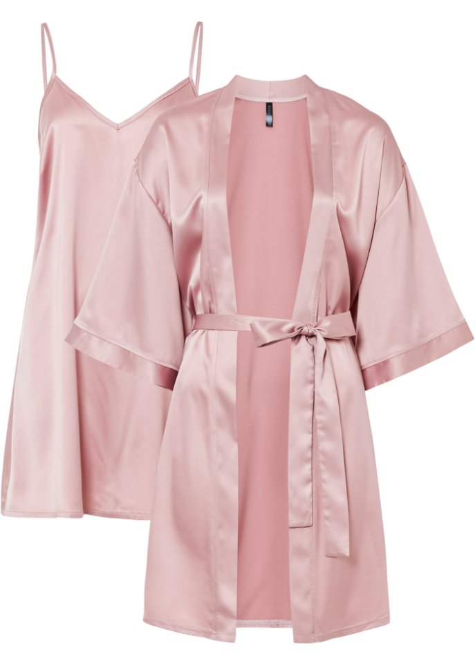 Morgenmantel-Set: Kimono + Negligé (2-tlg.Set) in rosa von vorne - BODYFLIRT