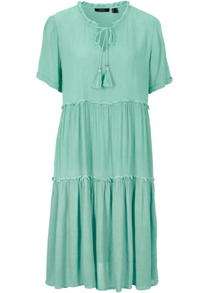 Knieumspielendes Viskose-Crinkle-Kleid mit Ausschnittdetail  in grün von vorne - bpc bonprix collection