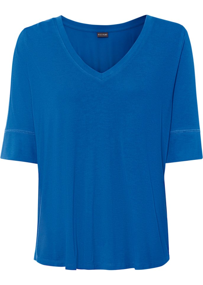 V-Shirt aus nachhaltiger Viskose in blau von vorne - BODYFLIRT
