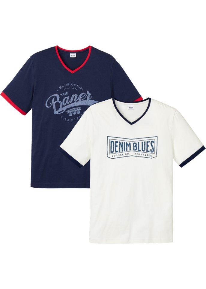 T-Shirt mit V-Ausschnitt (2er Pack) in blau von vorne - John Baner JEANSWEAR