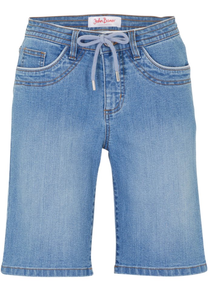 Komfort-Stretch-Jeans -Bermuda mit Bindeband in blau von vorne - John Baner JEANSWEAR