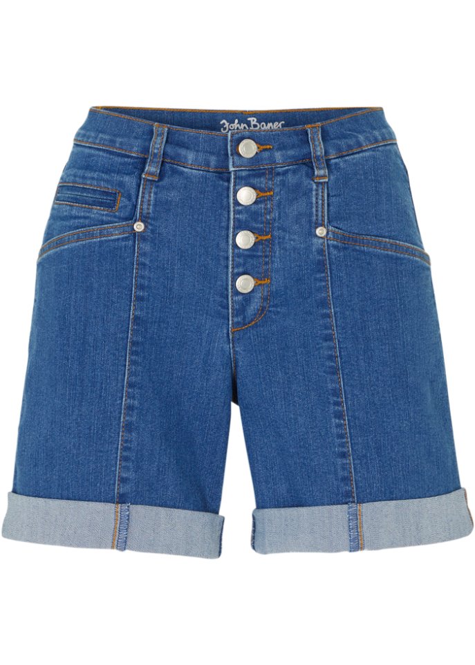 Wide Leg Jeans, Mid Waist, Stretch Shorts in blau von vorne - John Baner JEANSWEAR