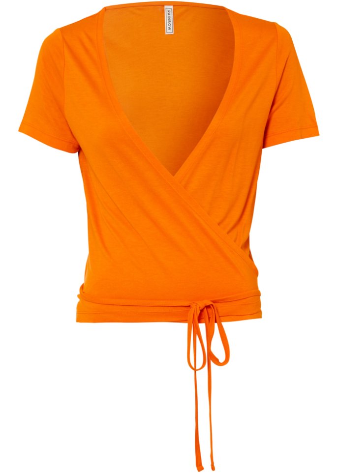 Wickelshirt aus nachhaltiger Viskose mit Schnürungsdetail in orange von vorne - RAINBOW