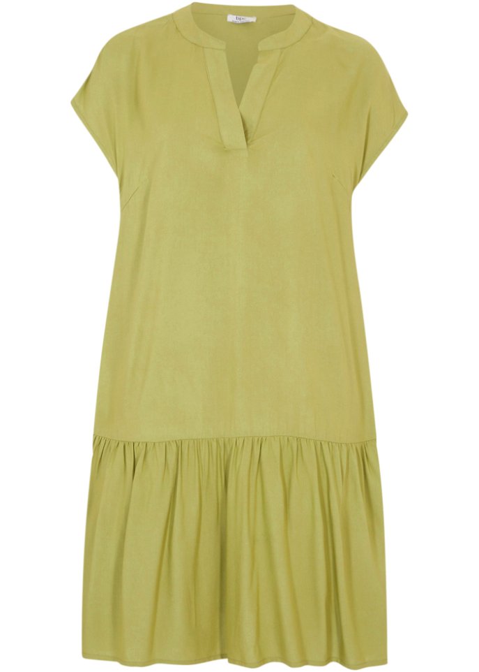 Knieumspielendes Tunika-Web-Kleid mit Volants und Henley-Kragen in grün von vorne - bpc bonprix collection