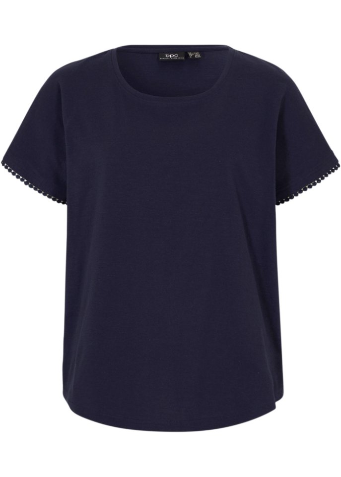 Flammgarn-Shirt mit Spitzenkante am Ärmelsaum, kurzarm  in blau von vorne - bpc bonprix collection