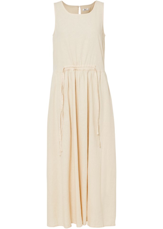 Maxi-Web-Kleid mit Leinen und Tunnelzug in der Taille in beige von vorne - bpc bonprix collection