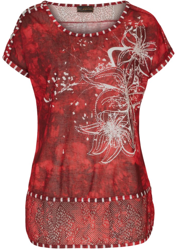 Shirt mit Batikeffekt und Steinchen in rot von vorne - bpc selection