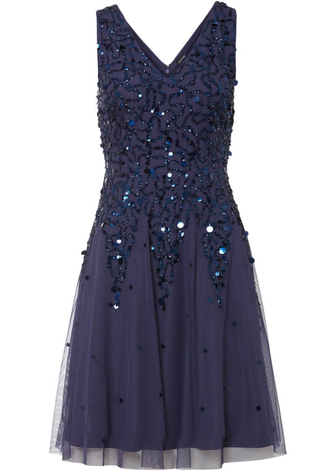 Kleid mit Pailletten-Applikation in blau von vorne - BODYFLIRT
