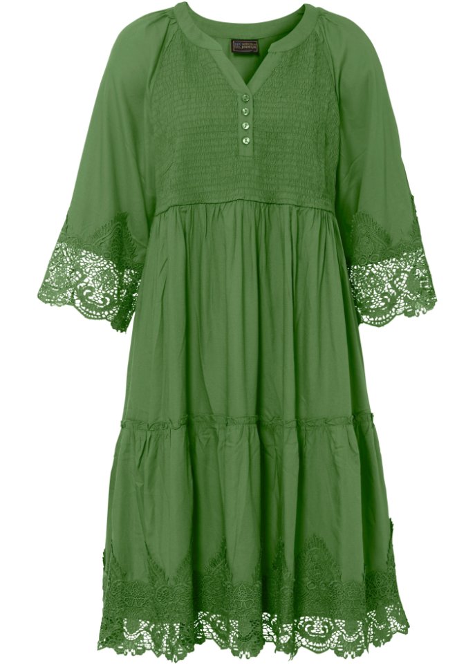 Hemdblusenkleid aus nachhaltiger Viskose mit Spitze in grün von vorne - bpc selection premium