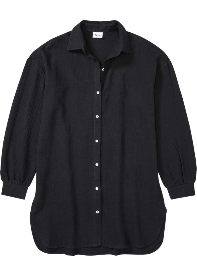 Musselin Nachthemd oversized  mit Knopfleiste in schwarz von vorne - bpc bonprix collection