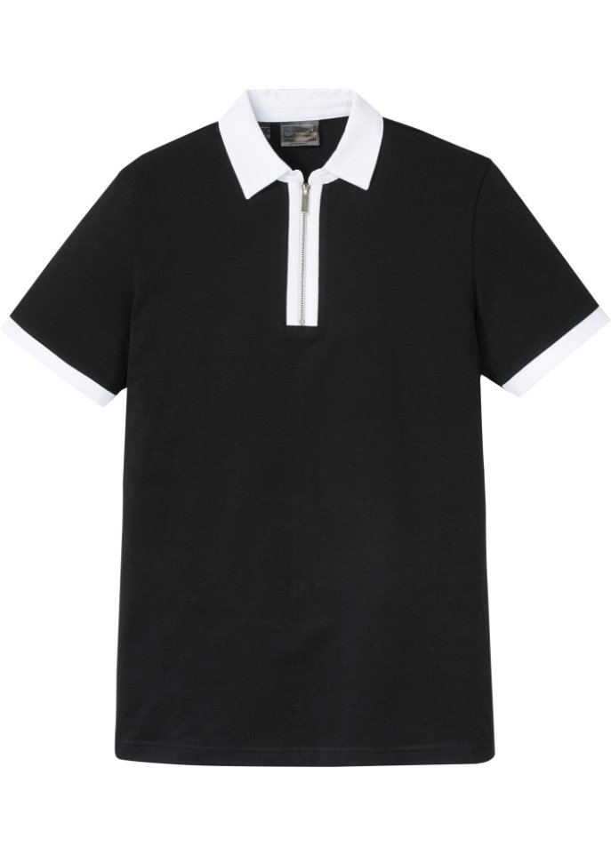 Poloshirt mit Reißverschluss Slim Fit in schwarz von vorne - bpc selection