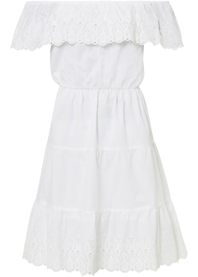 Carmen-Kleid mit Lochstickerei in weiß von vorne - BODYFLIRT