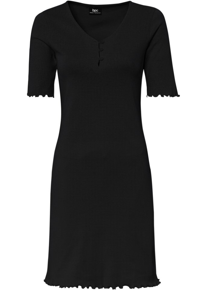 Ripp-Kleid mit Knopfleiste in schwarz von vorne - bpc bonprix collection